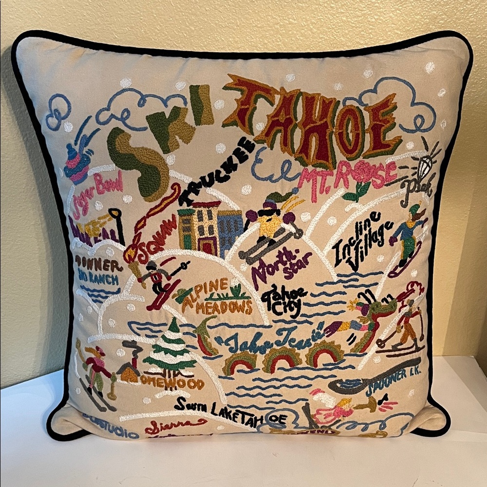 Catstudio  2016 Ski  Tahoe 100% organic cotton hand embroidered throw pillow